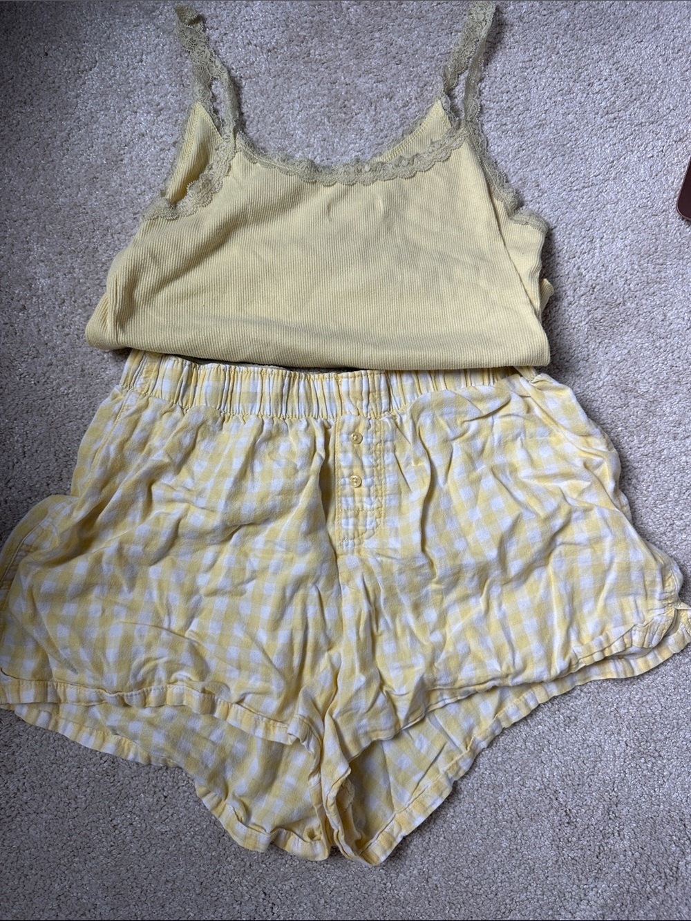 Yellow Lace-Trim Cami & Gingham Sleep Shorts Set